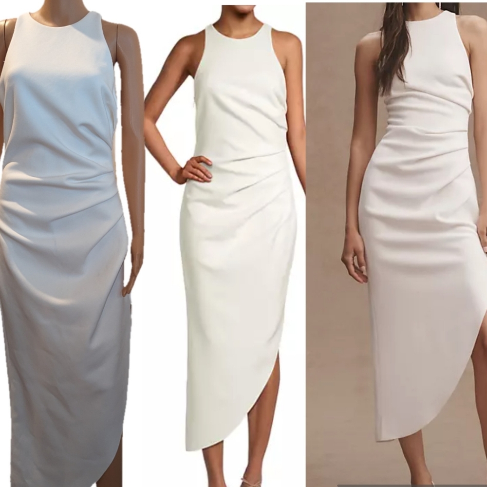 MISHA IDA ruched asymmetric midi dress, size 8 in ivory